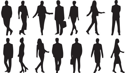 Vector silhouettes of business people walking and posing, including a group of men and woman in suit for team and work design