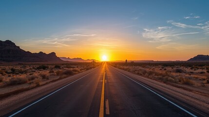 A long road stretching into the horizon with a bright sunset and desert landscape on either side