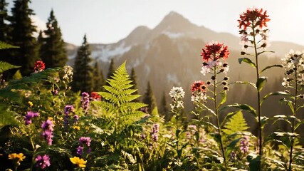 Vibrant mountain meadow bursting with colorful wildflowers and lush green ferns bathed in warm, golden sunlight, showcasing a breathtaking natural landscape