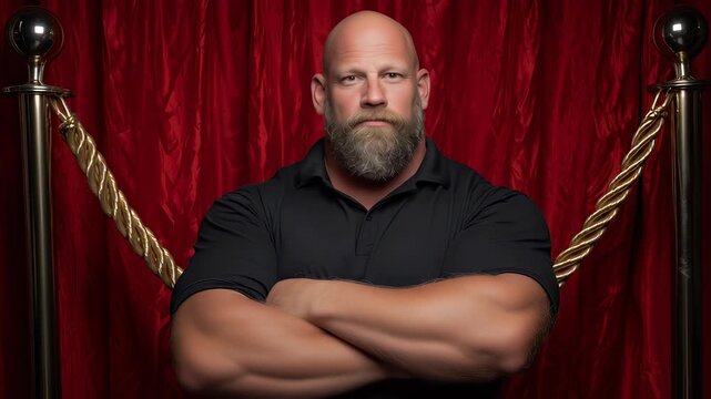 A rugged middle-aged bouncer keeps a keen eye at the club entrance, ensuring only guests with access cross the velvet rope. His presence adds to the atmosphere of the vibrant nightlife