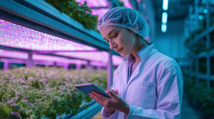 Female scientist examining plants while using tablet in greenhouse  
