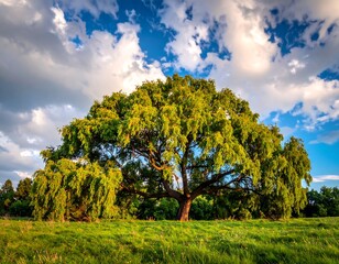 Fototapeta premium Majestic tree stands in a field bathed in golden sunlight under clouds