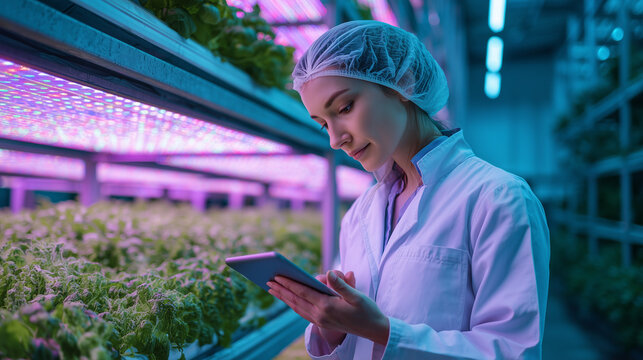 Female scientist examining plants while using tablet in greenhouse  