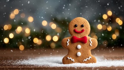 a festive gingerbread cookie with a smiling face and red bow tie standing on a wooden surface with snowflakes falling and warm glowing christmas lights in the background - Powered by Adobe