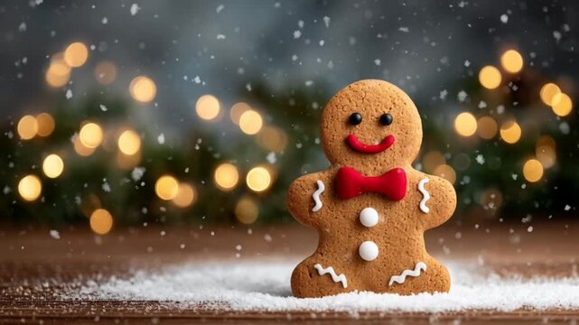 a festive gingerbread cookie with a smiling face and red bow tie standing on a wooden surface with snowflakes falling and warm glowing christmas lights in the background