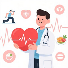 Flat vector illustration of World Heart Day concept, doctor holding a big red heart, ECG heartbeat line background, healthy lifestyle symbols like exercise, diet, and wellness, modern minimal design,