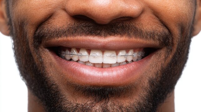 Young black man smiling with orthodontic braces on teeth in close-up  