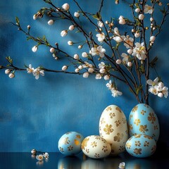 Fototapeta premium Decorative arrangement of white and blue eggs with gold floral patterns alongside blossoming branches with white flowers against a textured blue background