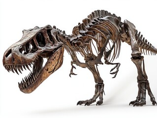 Large detailed fossil skeleton of a dinosaur with sharp teeth and strong claws displayed against a white background