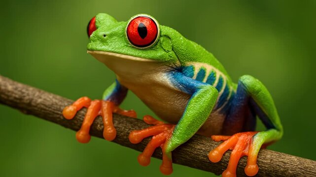 Close-up video shot of a vibrant red-eyed tree frog perched on a branch, showcasing vivid colors and details against a blurred green background. Live desktop wallpaper.