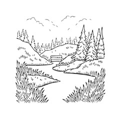 Serene landscape sketch with bench, verdant hills, and towering evergreens evokes natural beauty