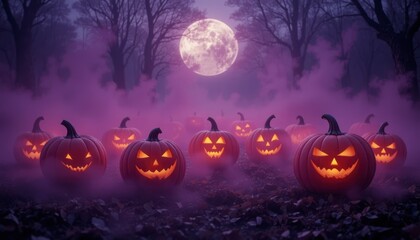 Fototapeta premium Mystical halloween night with glowing jackolanterns and full moon in forest