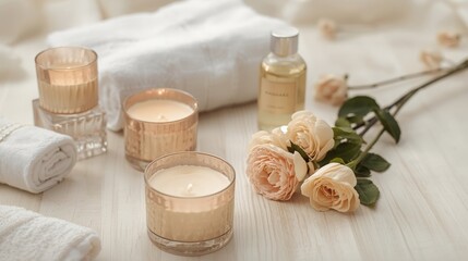 Still life of candles, towels, lotion and roses in a spa setting on a white wooden surface top view