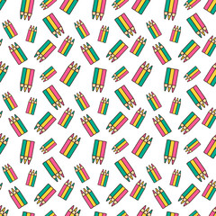 doodle pattern of three colored pencils standing upright. From left to right, they are pink, yellow, and teal, each with a sharpened tip and a light beige section near the point