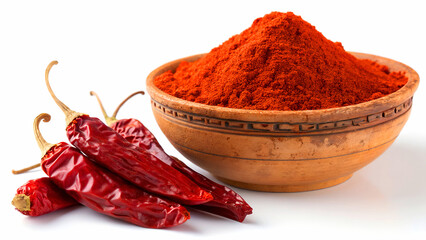 Fragrant red chili powder in a wooden bowl with dried chili peppers isolated on white background, a...