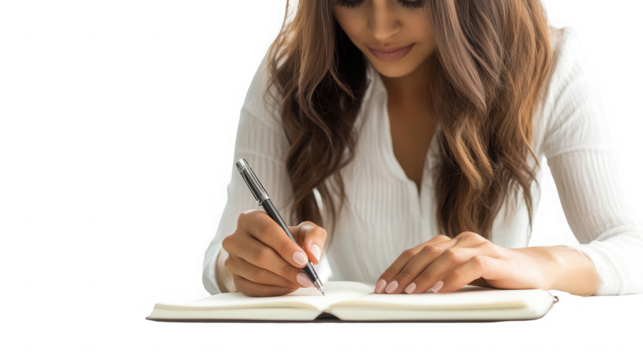 A woman in white shirt writing in a notebook with a pen on a table with  on transparent background