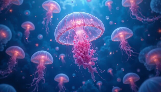 A mesmerizing scene of jellyfish gracefully swimming in the deep blue sea