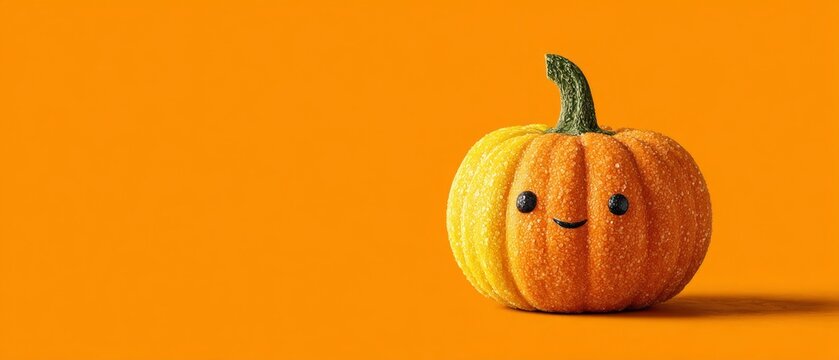 Autumn magic: a cheerful pumpkin surrounded by sweet treats. Large format. Vibrant colors of halloween: pumpkin and candy with a minimalist touch. Creative poster. Design template.