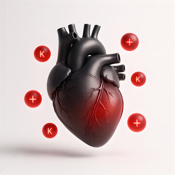 3D medical illustration of hyperkalemia concept for graphic designers, minimalist white background, clean negative space, heart model centered with glowing red potassium ions (K+)