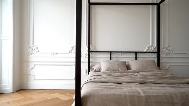 Minimalist Bedroom Decor Serene Beige Linens on a Four-Poster Bed Against a White Wall with Classic Molding and Wooden Floor
