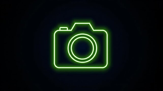 Green Neon Camera Icon on Black Background - A glowing neon green camera icon is centered against a solid black background.