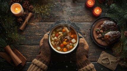 Hands holding a pot of soup on a wooden table with candles and christmas decorations around it