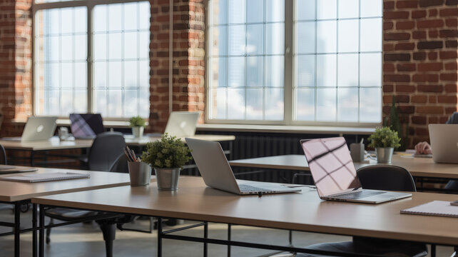 open coworking office with laptops plants and brick walls bathed in daylight showing a modern collaborative workspace with urban industrial style