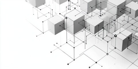 Abstract 3D geometric cubes connected by thin black lines and nodes on a white background representing a complex network or digital structure