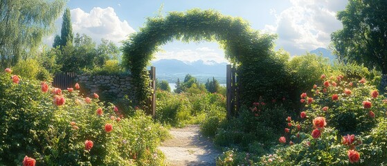 Sunlit garden path with vibrant rose bushes leading through a leafy green archway towards distant mountains under a partly cloudy blue sky