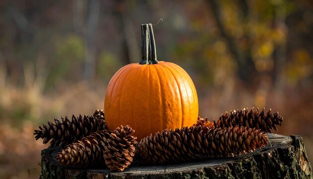 A vibrant orange squash sits atop a weathered tree stump, surrounded by cones - Powered by Adobe