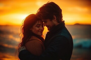 Couple embracing closely with foreheads touching during warm, glowing sunset with soft, blurred background