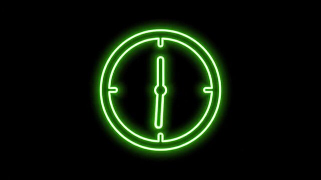 Neon Green Clock Icon on Black Background - A bright green neon clock icon is centered against a stark black background. The clock hands point to about 11 o'clock, indicating the time.