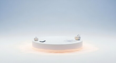 Ethereal Halloween scene with glowing jack o'lanterns and bat on white podium, perfect for spooky...