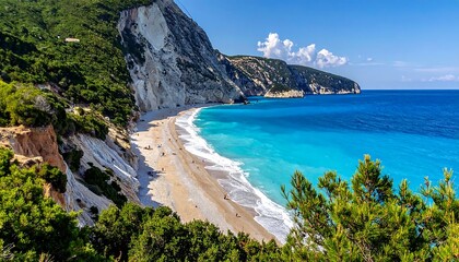 Panoramic view of a beach with turquoise waters and rocky cliff