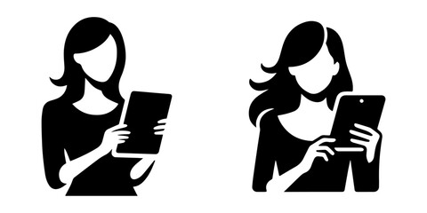 Modern Minimalist Woman Holding Tablet Icon, Flat Silhouette of a Female Figure Vector for Technology Illustration Design