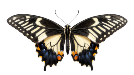 A close up shot of a butterfly with black white and orange markings against  on transparent background