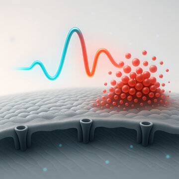 3D medical illustration of hyperkalemia concept for graphic designers, minimalist white background, clean negative space, heart model centered with glowing red potassium ions (K+)