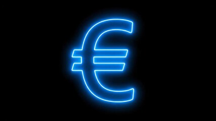 Blue Neon Euro Symbol on Black Background - A glowing blue neon euro symbol is centered on a black background. The video conveys a sense of currency, finance, and European economics. - Powered by Adobe