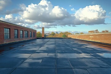 View of a flat rooftop with wet patches and brick walls on a clear day with fluffy clouds and trees in the distant background
