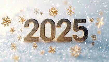 Golden glittering 2025 numbers standing on snowy surface surrounded by floating golden snowflakes against soft bokeh background, festive winter mood