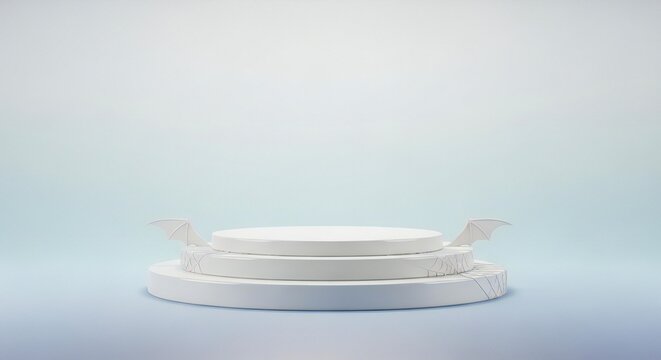 Minimalist white podium with subtle spiderweb texture and bat wings, perfect for product display or themed presentations.