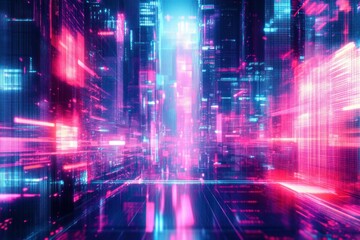 Futuristic cityscape illuminated by vibrant blue and pink neon lights with digital grid effects creating a sense of depth and motion