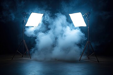 Two bright studio softbox lights on stands illuminating a smoky atmospheric scene with a dark background