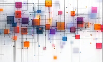 Abstract digital network of interconnected colorful squares and lines on white background symbolizing data flow and technology communication