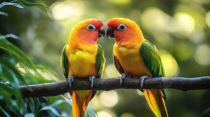 Two vibrant orange and yellow parrots with green wings perched closely on a tree branch surrounded by lush green foliage and soft sunlight
