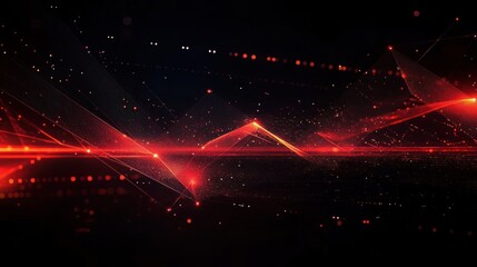 Abstract digital red light beams and particles forming geometric wave patterns on a dark background emitting a futuristic and dynamic energy