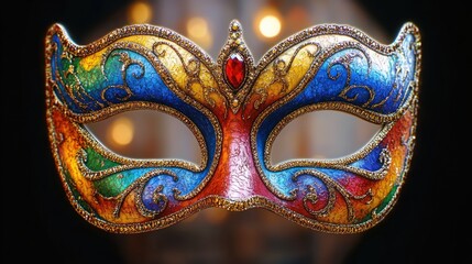 Intricately detailed colorful masquerade mask with blue, green, yellow, and red patterns and glittering embellishments glowing softly against a dark blurred background