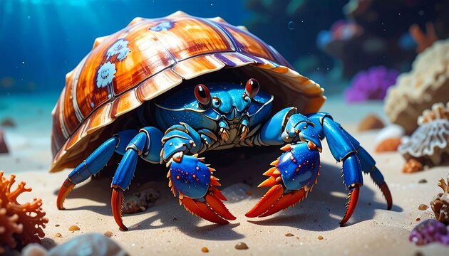 A vibrantly hued crab emerges, protected by a shell, on a sandy ocean floor