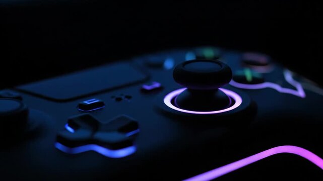 Illuminated Gaming Controller - A close-up shot of a modern gaming controller in the dark. The controller features blue illuminated accents.