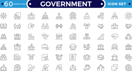Government outline icon set. Includes governance, charity, justice, inclusion, diversity, and advocacy symbols. Modern outline icons for social policy, human rights.  Editable stroke outline icon. 
